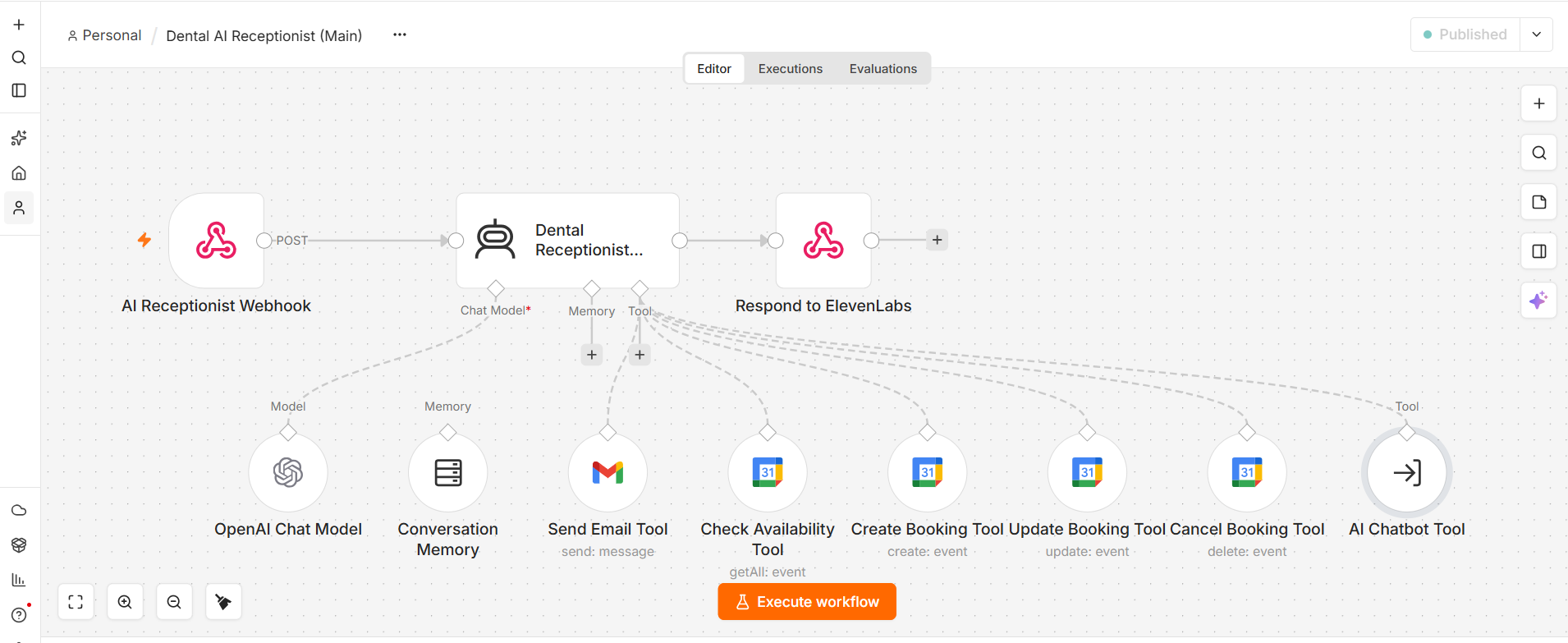 n8n workflow for a dental clinic AI receptionist voice agent