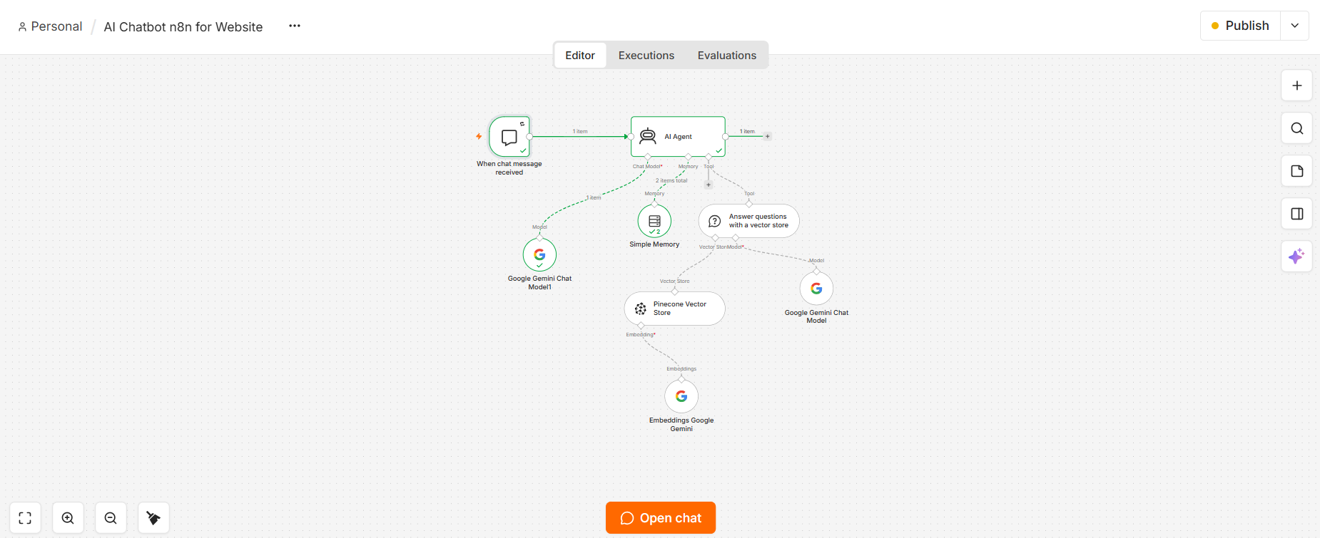 n8n workflow for an AI assistant chatbot installed on a website